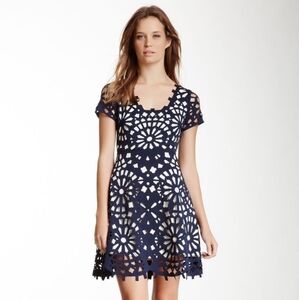 Anthropologie Gracia Blue Fit and Flare Mini Dress with Scoop Neck